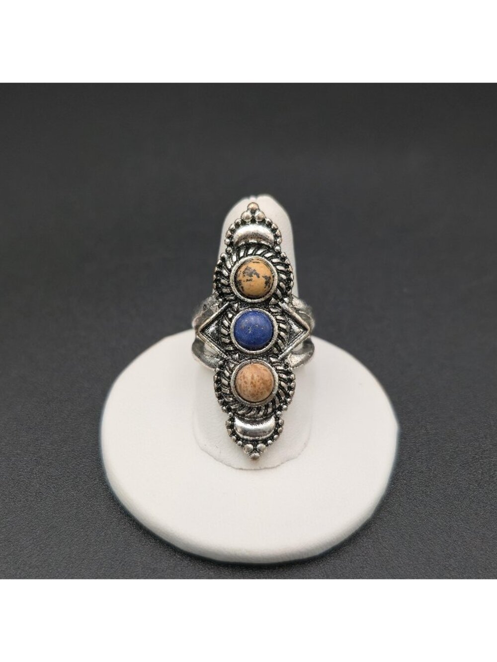 Size 7 Three Stone Lapis and Jasper Armor Band Ring A7722
